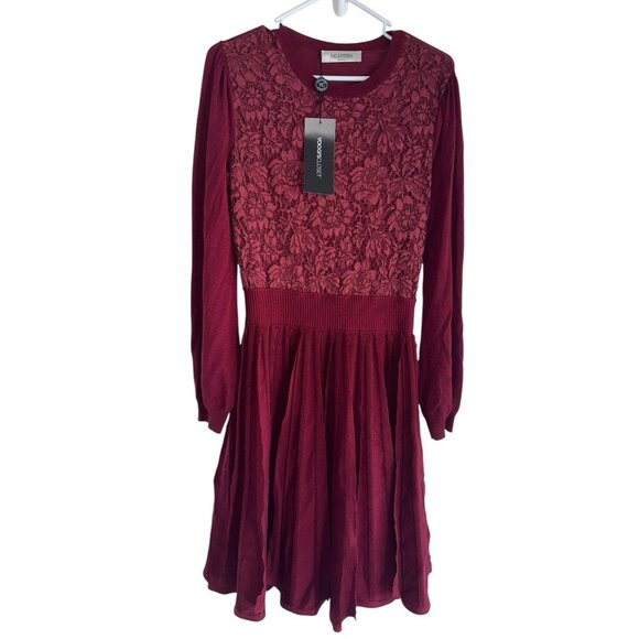 Valentino Guipure Lace & Wool Knit long Sleeve Dress Abito Sz M Red $3290 - Picture 1 of 14